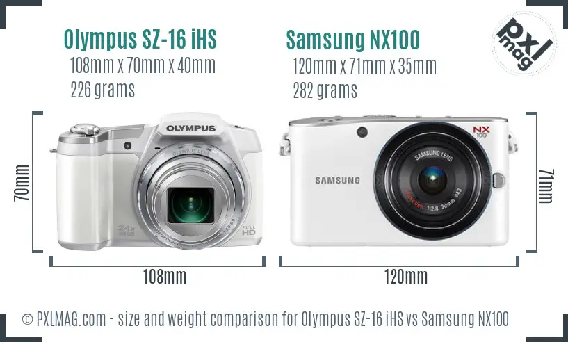 Olympus SZ-16 iHS vs Samsung NX100 size comparison Olympus SZ-16 iHS vs Samsung NX100 size comparison