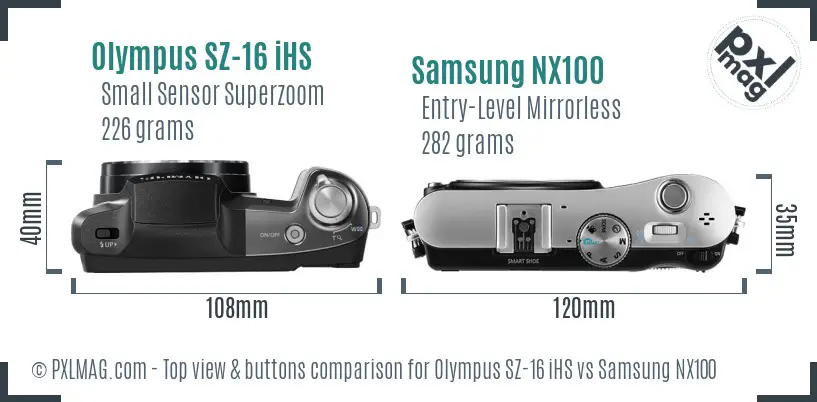 Olympus SZ-16 iHS vs Samsung NX100 top view buttons comparison Olympus SZ-16 iHS vs Samsung NX100 top view buttons comparison