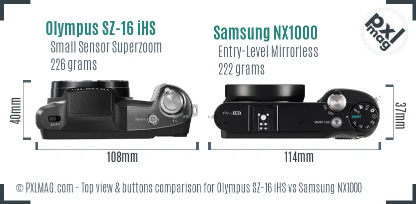 Olympus SZ-16 iHS vs Samsung NX1000 top view buttons comparison