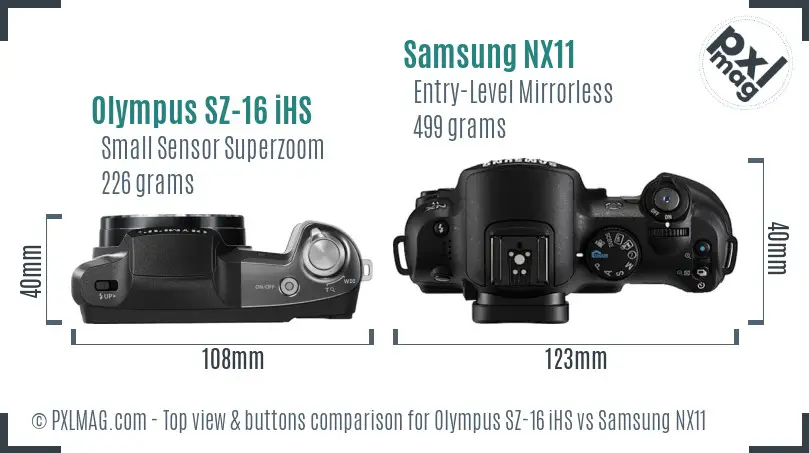 Olympus SZ-16 iHS vs Samsung NX11 top view buttons comparison