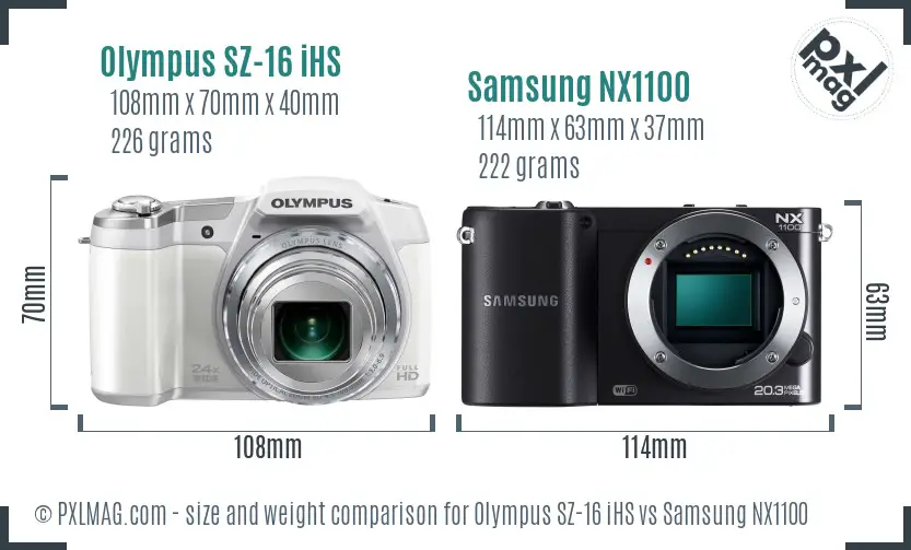Olympus SZ-16 iHS vs Samsung NX1100 size comparison
