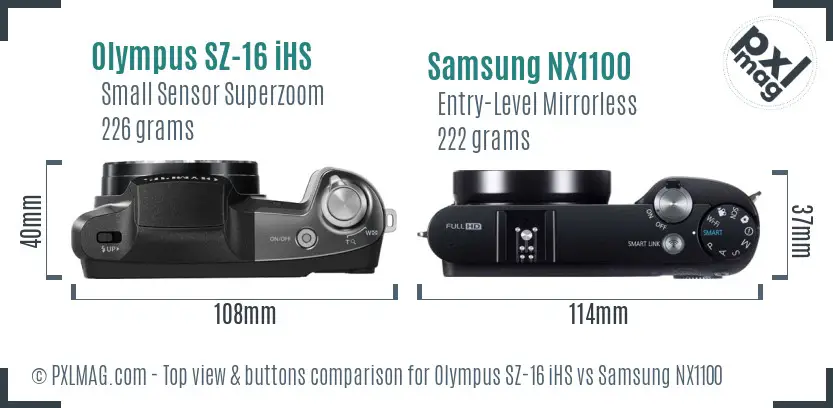 Olympus SZ-16 iHS vs Samsung NX1100 top view buttons comparison