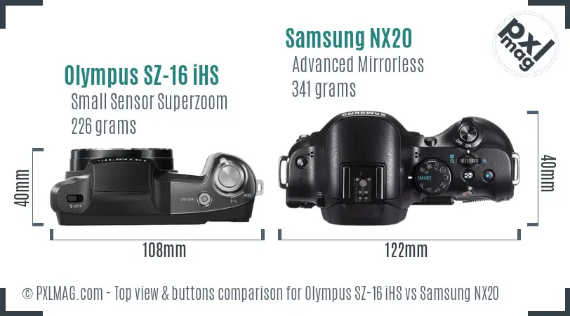 Olympus SZ-16 iHS vs Samsung NX20 top view buttons comparison