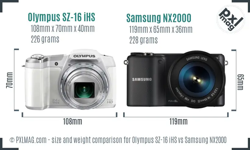 Olympus SZ-16 iHS vs Samsung NX2000 size comparison