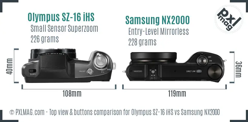 Olympus SZ-16 iHS vs Samsung NX2000 top view buttons comparison