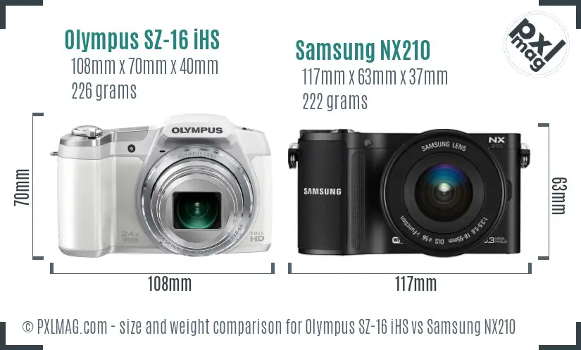 Olympus SZ-16 iHS vs Samsung NX210 size comparison