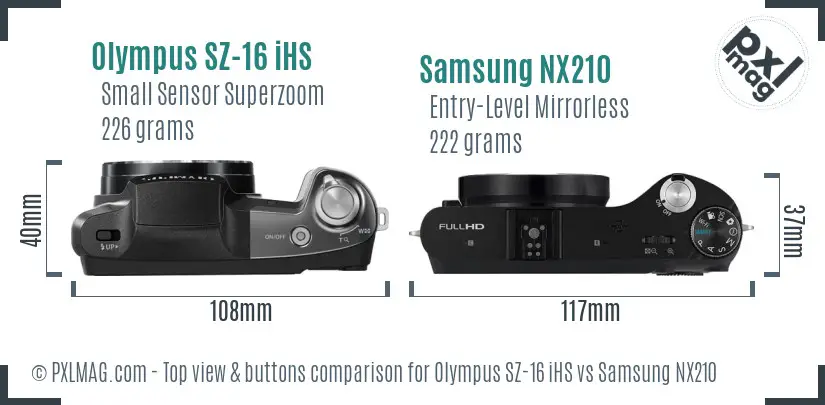 Olympus SZ-16 iHS vs Samsung NX210 top view buttons comparison