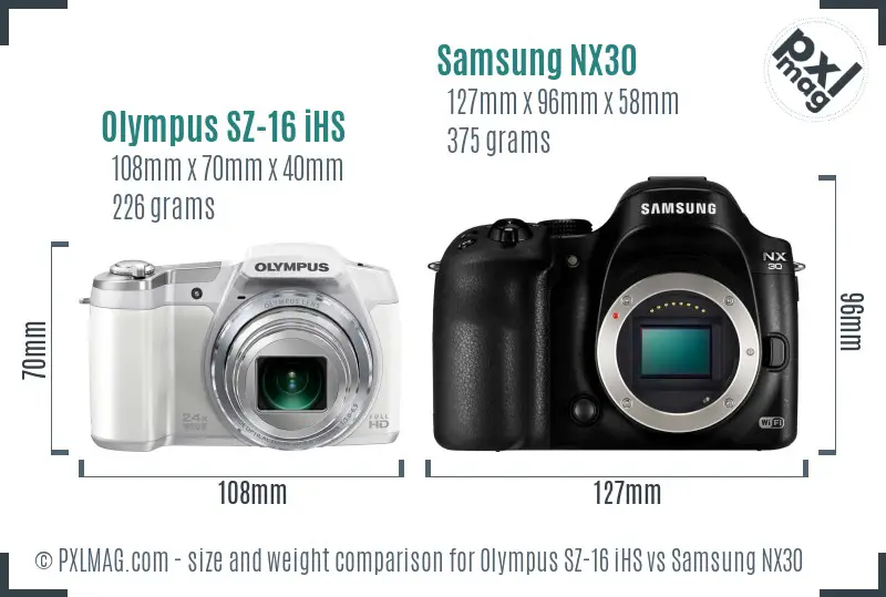 Olympus SZ-16 iHS vs Samsung NX30 size comparison