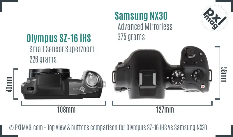 Olympus SZ-16 iHS vs Samsung NX30 top view buttons comparison