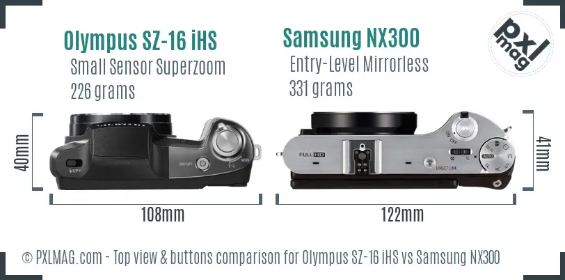 Olympus SZ-16 iHS vs Samsung NX300 top view buttons comparison Olympus SZ-16 iHS vs Samsung NX300 top view buttons comparison