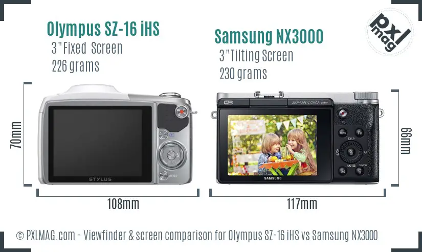 Olympus SZ-16 iHS vs Samsung NX3000 Screen and Viewfinder comparison