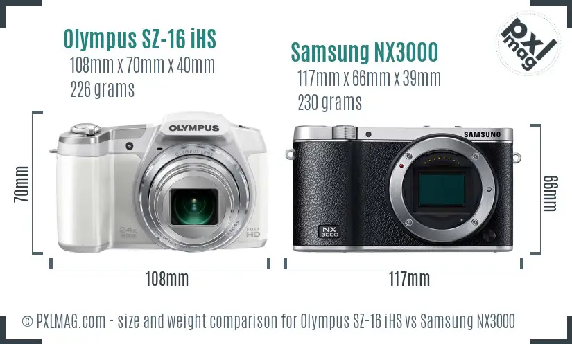 Olympus SZ-16 iHS vs Samsung NX3000 size comparison