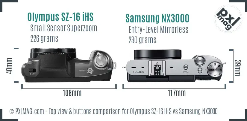 Olympus SZ-16 iHS vs Samsung NX3000 top view buttons comparison