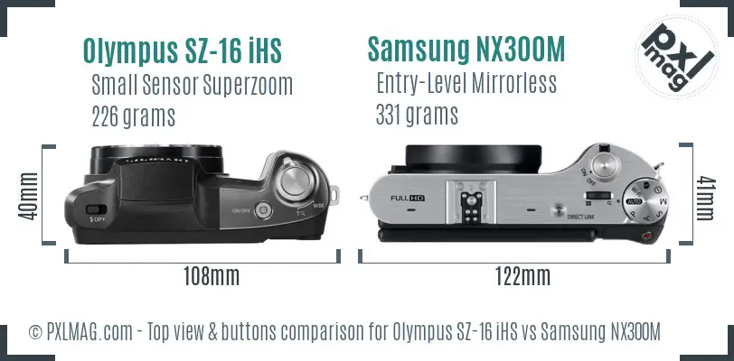 Olympus SZ-16 iHS vs Samsung NX300M top view buttons comparison