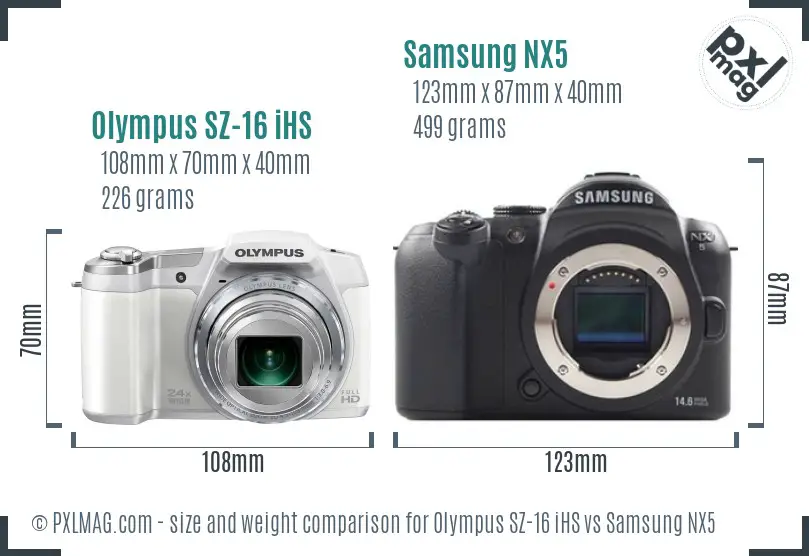 Olympus SZ-16 iHS vs Samsung NX5 size comparison Olympus SZ-16 iHS vs Samsung NX5 size comparison
