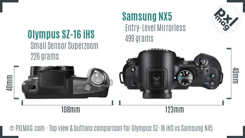 Olympus SZ-16 iHS vs Samsung NX5 top view buttons comparison Olympus SZ-16 iHS vs Samsung NX5 top view buttons comparison
