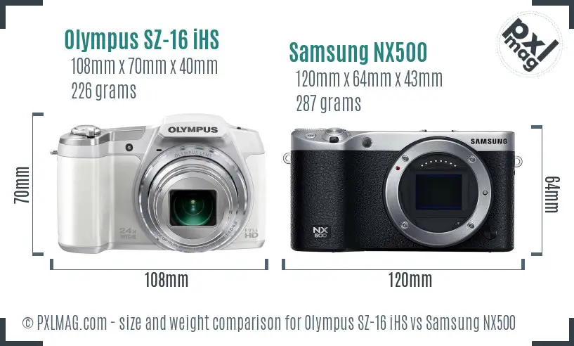 Olympus SZ-16 iHS vs Samsung NX500 size comparison Olympus SZ-16 iHS vs Samsung NX500 size comparison