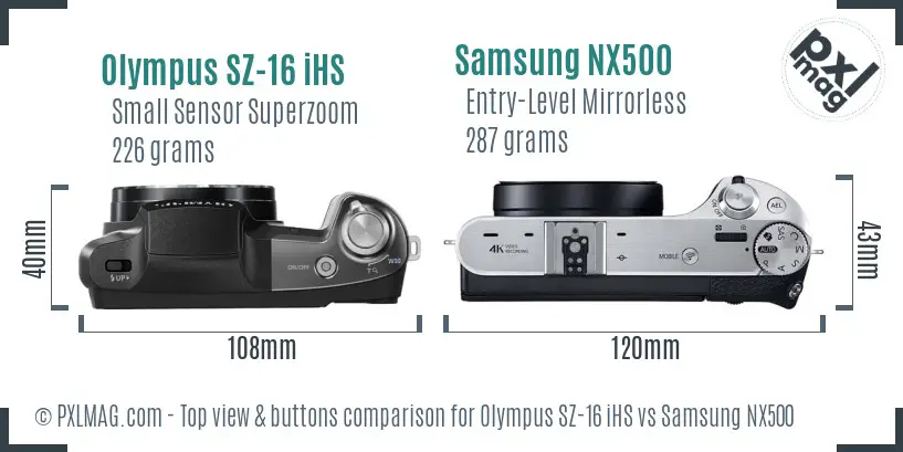 Olympus SZ-16 iHS vs Samsung NX500 top view buttons comparison Olympus SZ-16 iHS vs Samsung NX500 top view buttons comparison
