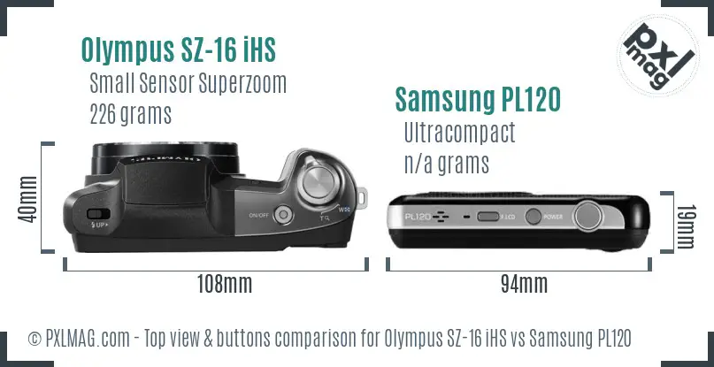 Olympus SZ-16 iHS vs Samsung PL120 top view buttons comparison Olympus SZ-16 iHS vs Samsung PL120 top view buttons comparison