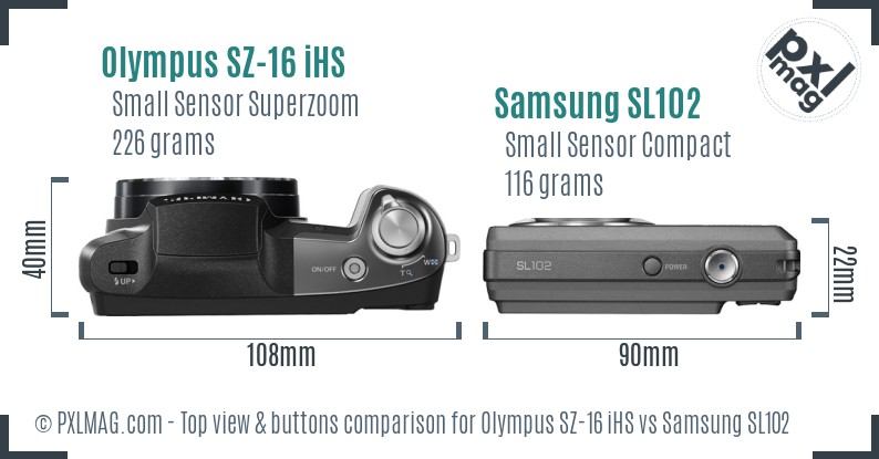 Olympus SZ-16 iHS vs Samsung SL102 top view buttons comparison