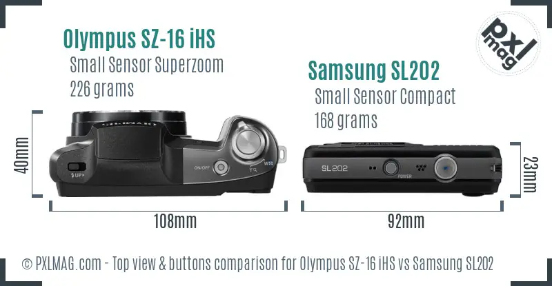 Olympus SZ-16 iHS vs Samsung SL202 top view buttons comparison Olympus SZ-16 iHS vs Samsung SL202 top view buttons comparison