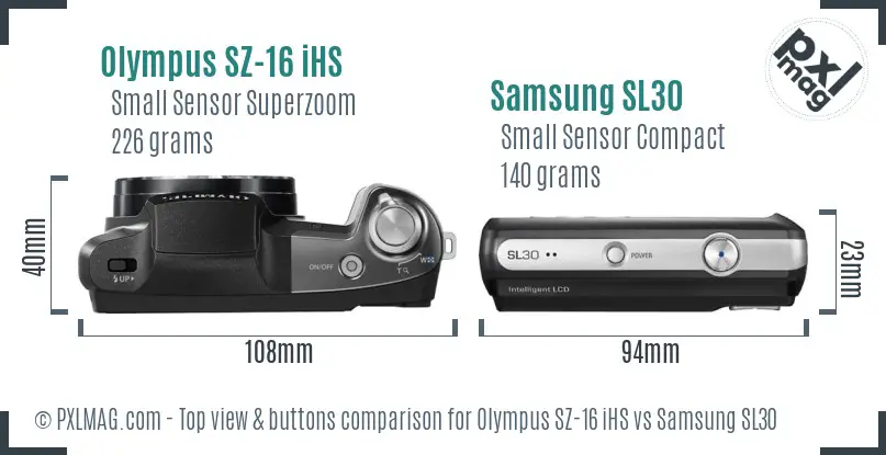 Olympus SZ-16 iHS vs Samsung SL30 top view buttons comparison Olympus SZ-16 iHS vs Samsung SL30 top view buttons comparison