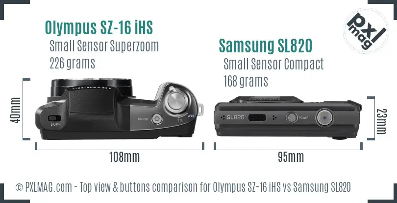 Olympus SZ-16 iHS vs Samsung SL820 top view buttons comparison