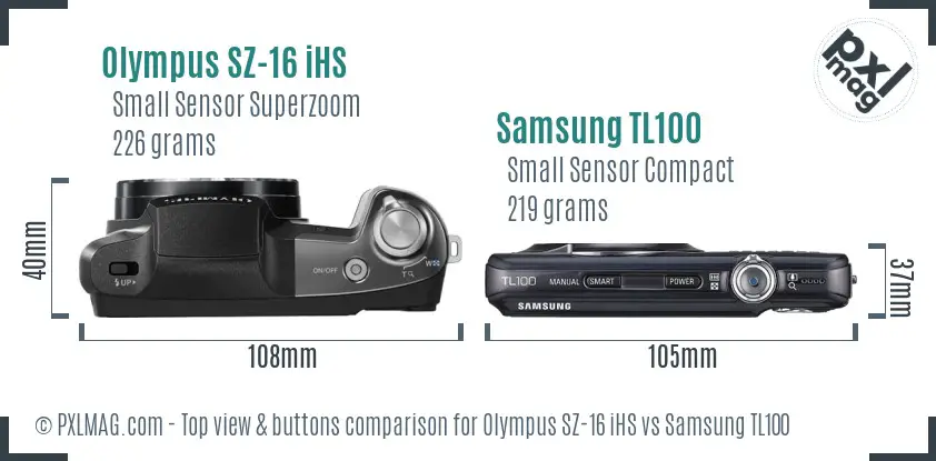 Olympus SZ-16 iHS vs Samsung TL100 top view buttons comparison