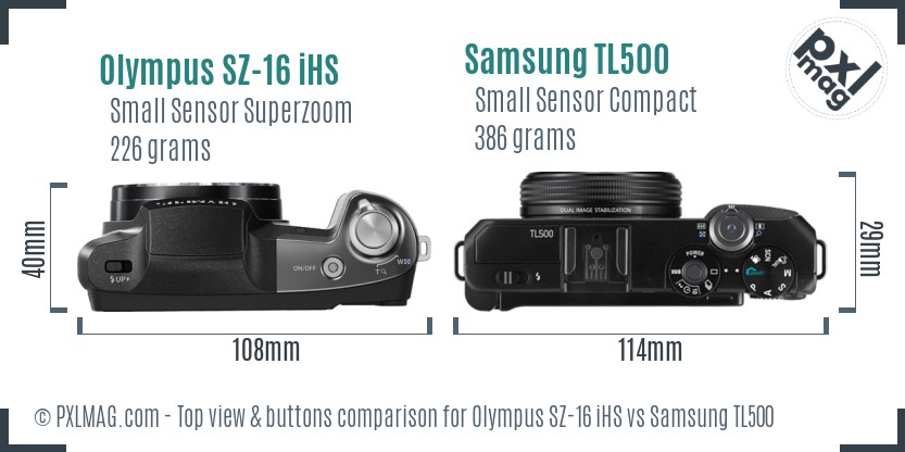 Olympus SZ-16 iHS vs Samsung TL500 top view buttons comparison