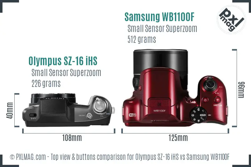 Olympus SZ-16 iHS vs Samsung WB1100F top view buttons comparison Olympus SZ-16 iHS vs Samsung WB1100F top view buttons comparison