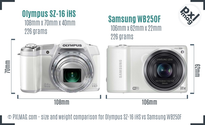 Olympus SZ-16 iHS vs Samsung WB250F size comparison Olympus SZ-16 iHS vs Samsung WB250F size comparison