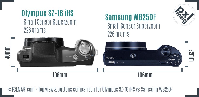 Olympus SZ-16 iHS vs Samsung WB250F top view buttons comparison
