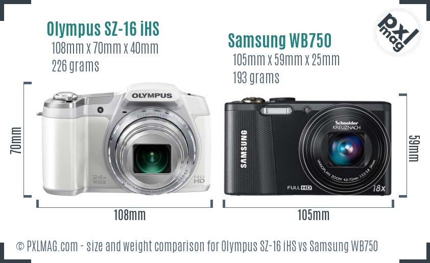 Olympus SZ-16 iHS vs Samsung WB750 size comparison