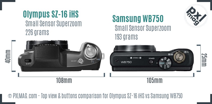 Olympus SZ-16 iHS vs Samsung WB750 top view buttons comparison