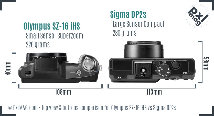 Olympus SZ-16 iHS vs Sigma DP2s top view buttons comparison
