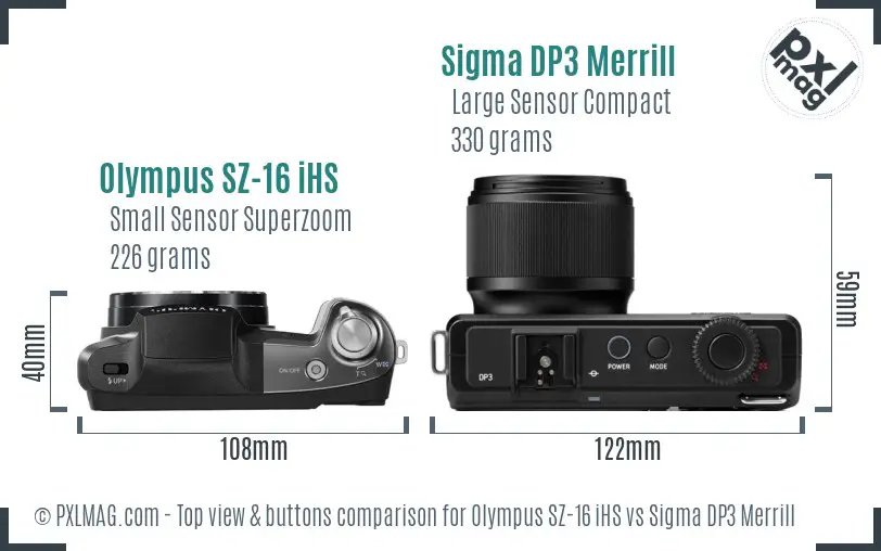 Olympus SZ-16 iHS vs Sigma DP3 Merrill top view buttons comparison