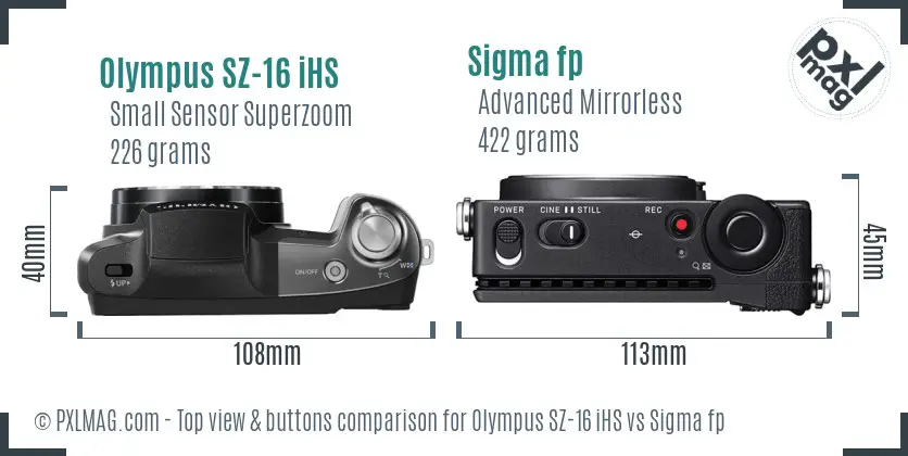 Olympus SZ-16 iHS vs Sigma fp top view buttons comparison