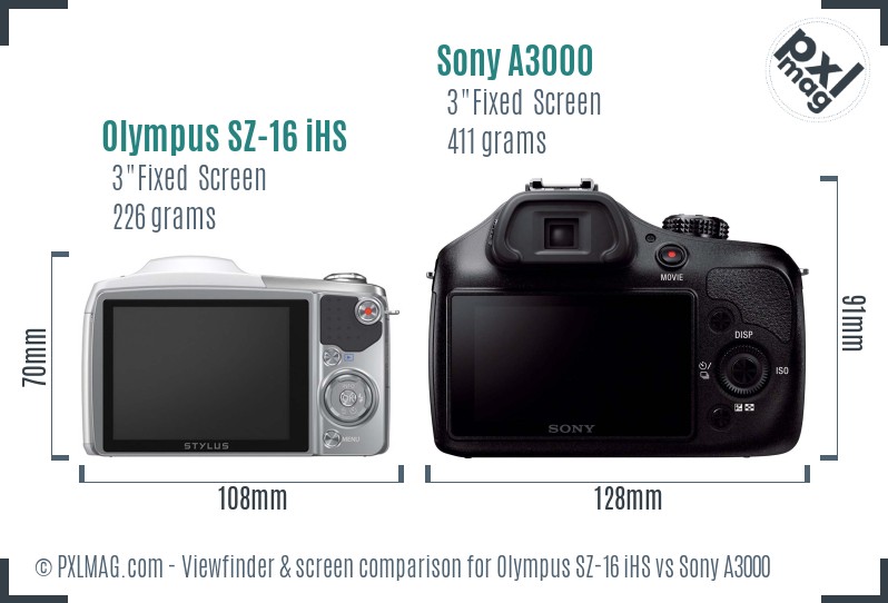 Olympus SZ-16 iHS vs Sony A3000 Screen and Viewfinder comparison