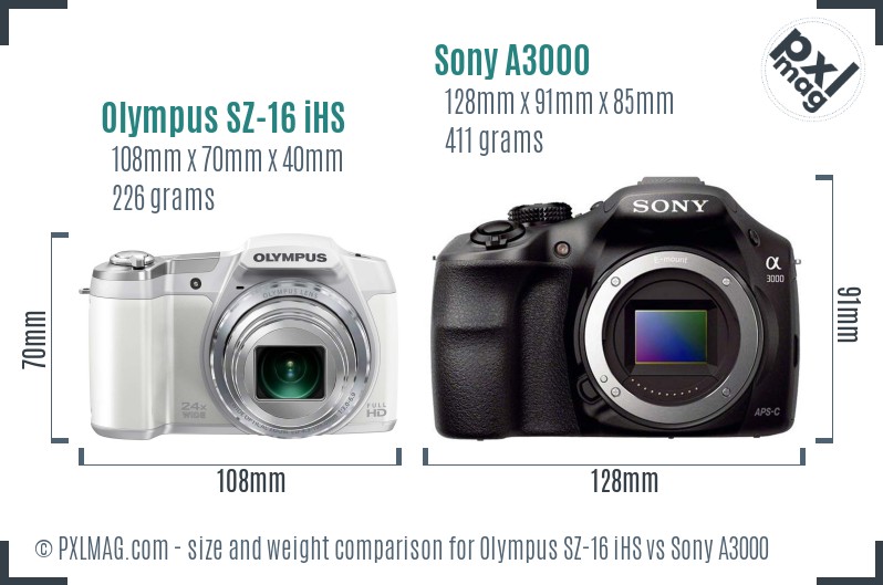 Olympus SZ-16 iHS vs Sony A3000 size comparison