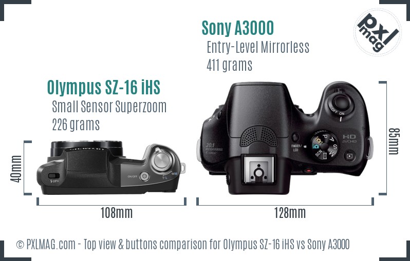 Olympus SZ-16 iHS vs Sony A3000 top view buttons comparison