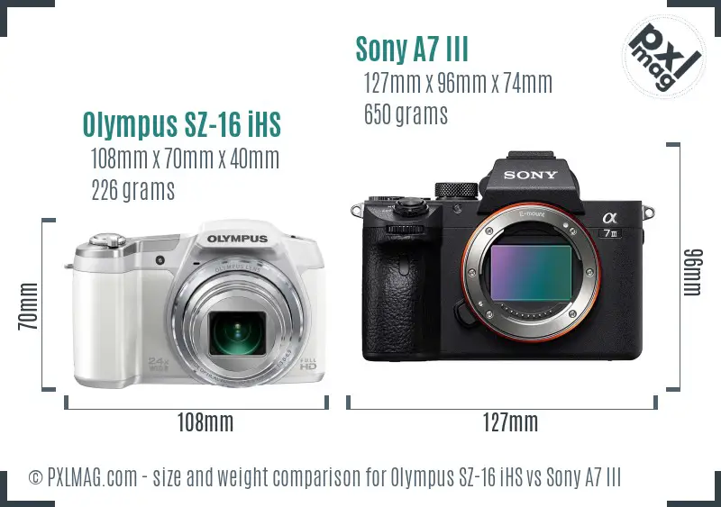 Olympus SZ-16 iHS vs Sony A7 III size comparison