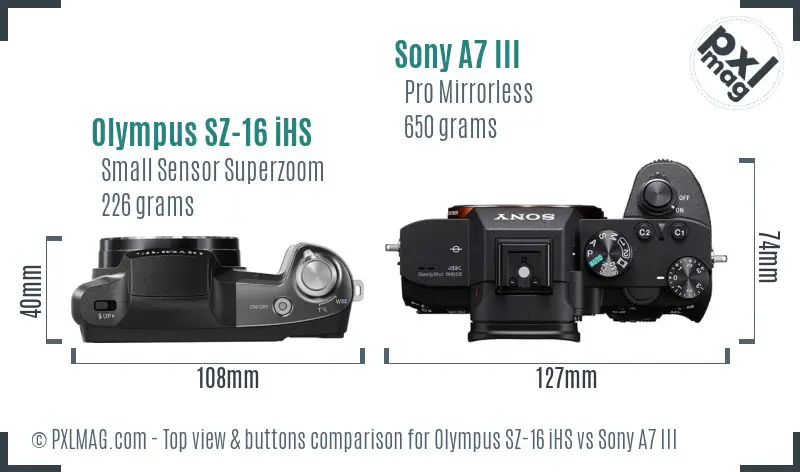 Olympus SZ-16 iHS vs Sony A7 III top view buttons comparison