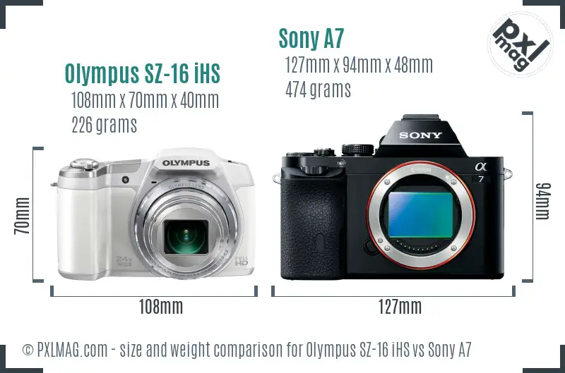 Olympus SZ-16 iHS vs Sony A7 size comparison