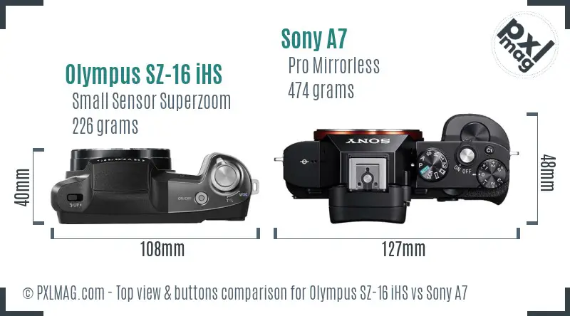 Olympus SZ-16 iHS vs Sony A7 top view buttons comparison
