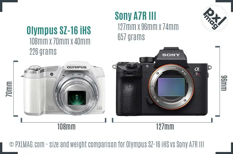 Olympus SZ-16 iHS vs Sony A7R III size comparison