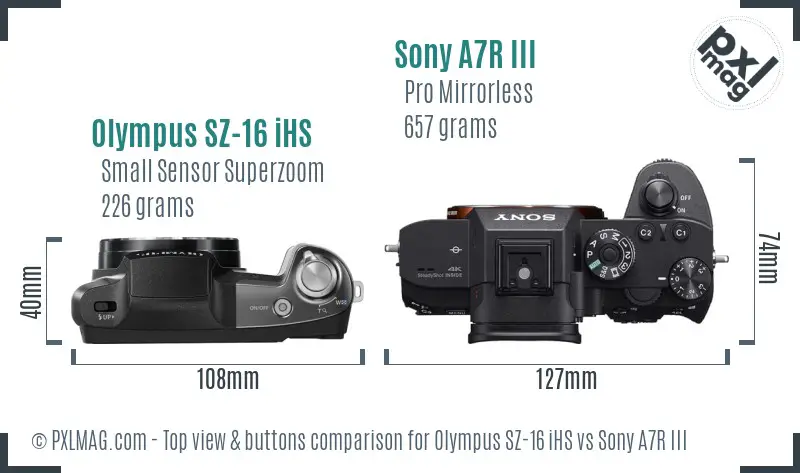 Olympus SZ-16 iHS vs Sony A7R III top view buttons comparison