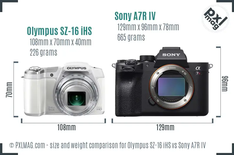 Olympus SZ-16 iHS vs Sony A7R IV size comparison