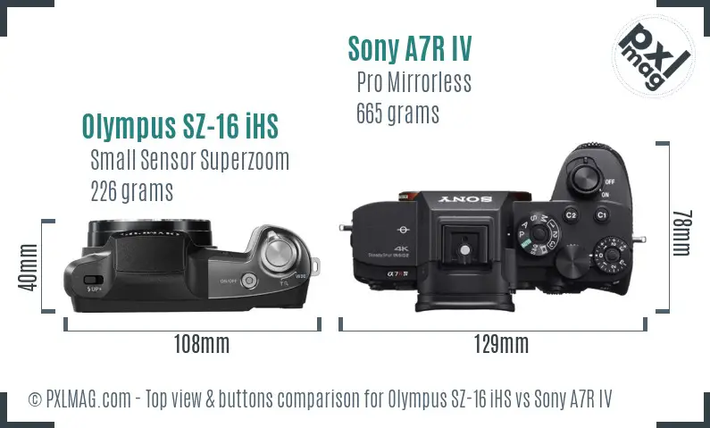 Olympus SZ-16 iHS vs Sony A7R IV top view buttons comparison