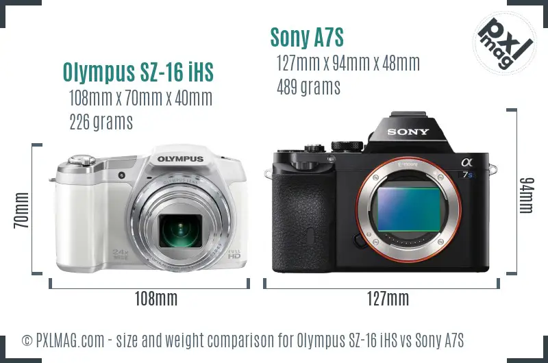 Olympus SZ-16 iHS vs Sony A7S size comparison Olympus SZ-16 iHS vs Sony A7S size comparison