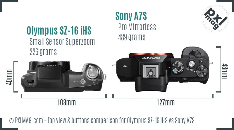 Olympus SZ-16 iHS vs Sony A7S top view buttons comparison Olympus SZ-16 iHS vs Sony A7S top view buttons comparison